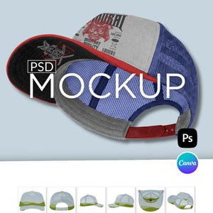 Trucker Cap bearbeitbares Mockup: 6-Ansicht Photoshop & Canva Vorlage ziehen und ablegen, Smart PSD + AOP