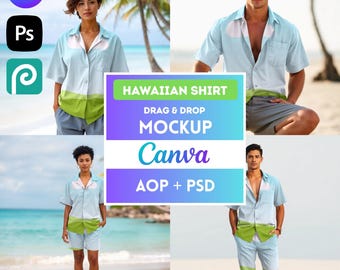 Canva Drag and Drop Hawaiian Shirt Bundle + Matching Beach Shorts, AOP Canva Template + PSD Photoshop Template, Easy to use + Tutorial