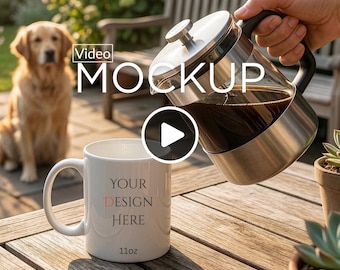 Videomockup för vit mugg 340 g, kaffekopp 340 g, muggmockup för hundälskare