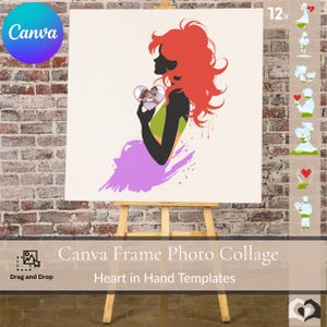 Canva Frames 12 modelli modificabili con trascinamento della selezione, progetta il tuo collage romantico, pacchetto di modelli con cuore tra le mani + tutorial su come utilizzarlo