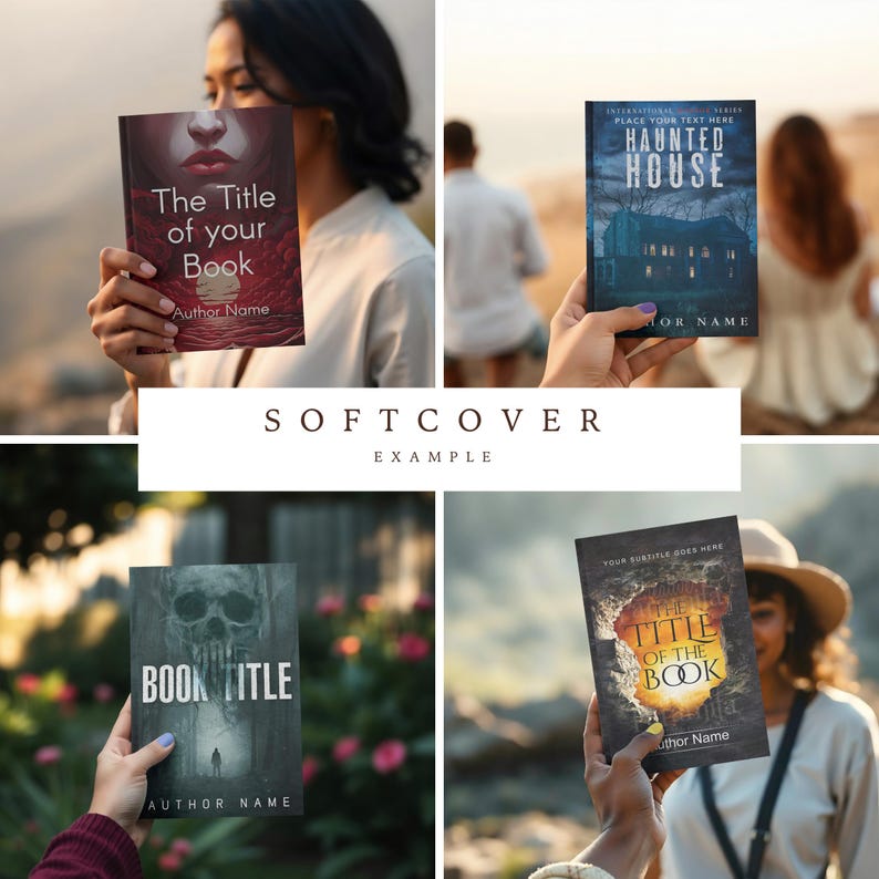 May include: Four softcover book covers are displayed, each with unique designs. One features a woman's face, another a haunted house, a third a skull, and the last a fiery design. The text "The Title of your Book", "Haunted House", and "Book Title" are visible.