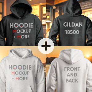 Front and Back Hooded Mock-up Gildan 18500 Black and White, G185 Hooded Sweatshirt Mock-up, Gildan 18500 Size Chart, G185 Mocks Bundle