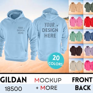 Gildan 18500 Bundle, Mockup Front and Back View, G185 Color Bundle, G185 Hooded Sweatshirt Split Mock-up, Mock-up Bundle 18500 Size Chart