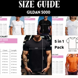 Gildan 5000 Size Chart Man Black T-shirt, Unisex Gildan 5000 T-Shirt Size Chart Mockup Size Guide, T-shirt Size Chart for Gildan 5000