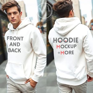 White Gildan 18500 Hoodie Front & Back Mockup, Dual Split View Mockups, Gildan 18500 g185 Front And Back, Male G185 Hooded Mock, Size Chart