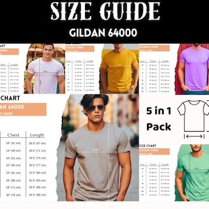 Gildan 64000 Size Chart Man T-shirt Black, Size Chart T-Shirt Gildan 64000 Mockup, 64000 Gildan Size Guide, Unisex G64000 Size Chart