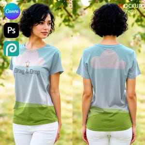Canva Drag and Drop + PSD Smart Object, T shirt Mockup PSD Front and Back Editable Photoshop Design Template, Canva Easy Use + Tutorial