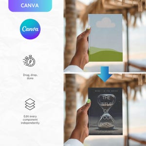 May include: Image showcasing a book cover design process. The top image displays a book cover with a cloud and green landscape. The bottom image shows a book cover with an hourglass design and the text "THE TITLE OF YOUR BOOK". The Canva logo is visible.