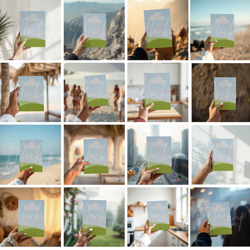 May include: A collection of mockups featuring a book with a sky and landscape design. The book is held in various settings, including outdoor scenes with mountains, beaches, and cityscapes, and indoor settings like a kitchen.