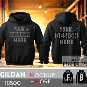 May include: Black hooded sweatshirt mockup with the text "YOUR DESIGN HERE" on the front and back. Gildan 18500 mockup + more. Free size chart.