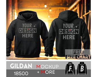 Front and Back Gildan 18500 Hooded Mock-up, G185 Hooded Black Sweatshirt Mock-up, Gildan 18500 Size Chart, G185 Mocks Bundle Front and Back