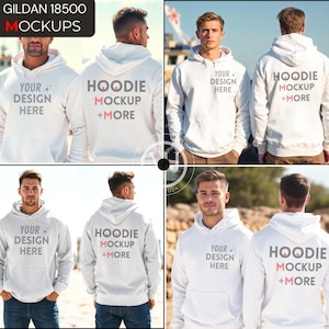 White Gildan 18500 Mockup Bundle, Front and Back Gildan 18500 Mock-up,  Hoodie Front & Back G185 Hooded Sweatshirt Splitview, Size Chart