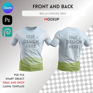 May include: A mockup of a light blue t-shirt with a green and white landscape design. The text "YOUR+DESIGN HERE" is printed on the front and back of the shirt.