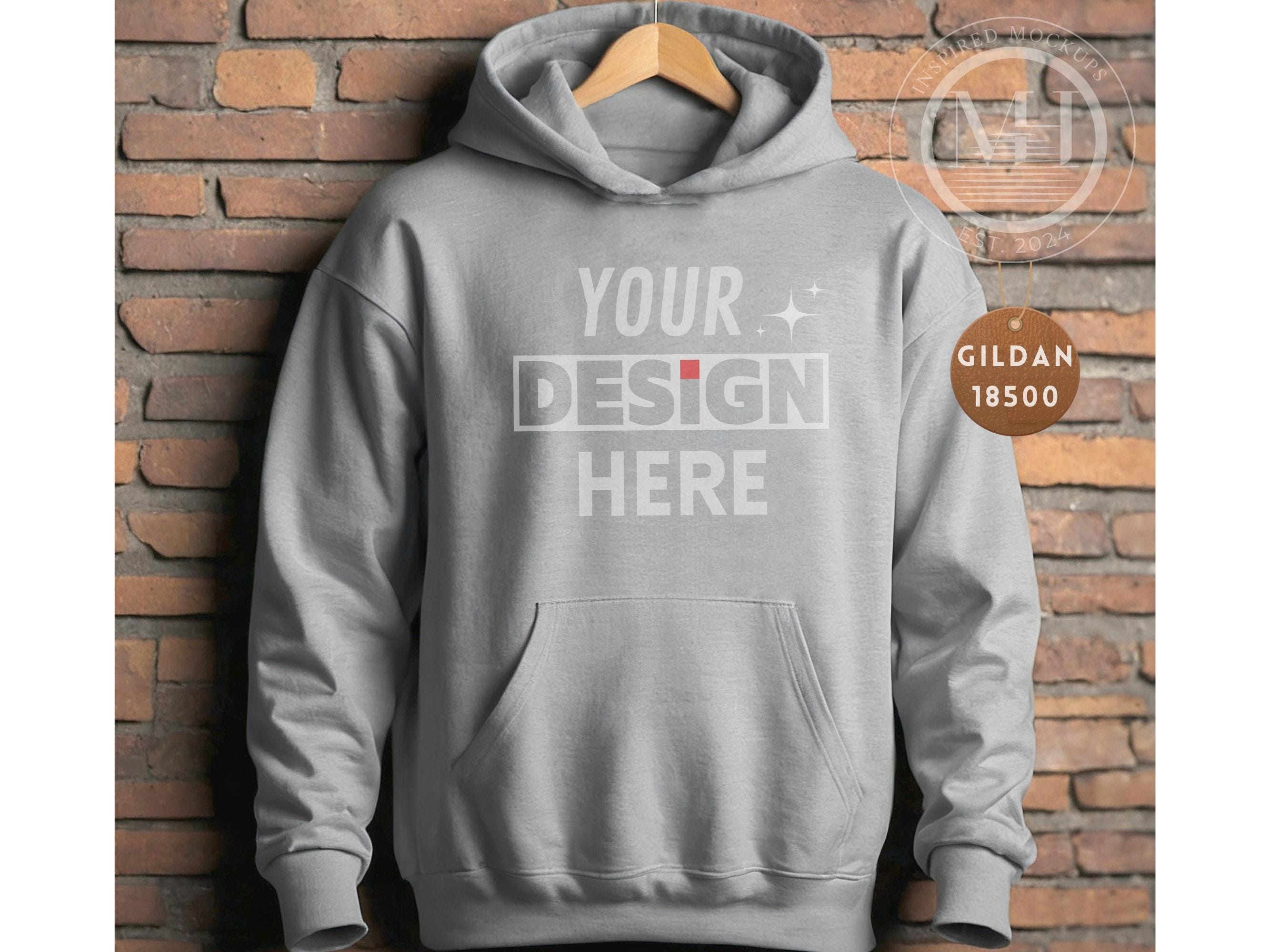 Gildan 18500 Hanging Mockup Hoodie Mock, Sport Grey Simple Minimal View, POD Mock G185, G185 Sport Grey Hooded Sweatshirt, G185 Size Chart