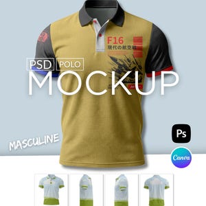 Men's Polo Shirt Mockup, Canva & Photoshop Template PSD + AOP, Front and Back, Drag + Drop