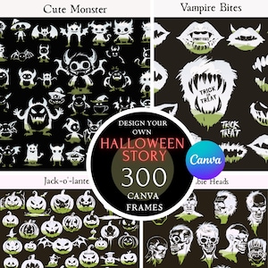 300 Halloween Canva Frames Bundle, Design Your Own Spooky Season Story, Drag and Drop Editable Canva Template, Halloween Clipart + Tutorial