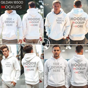 Front & Back Gildan 18500 Hoodie Mockup Bundle, Dual Split View Mockups, G185 White Hooded Sweatshirt Split Mock-up, Male G185 Hoodie Mock