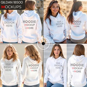 White Hooded Sweatshirt Split Mock-up G185 Mockup Bundle, Gildan 18500 Hoodie Front & Back Mockup Bundle, Female G185 Hoodie Mock Bundle