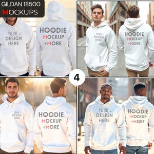 Gildan 18500 Hoodie Front & Back Mockup Bundle, White Hoodie Bundle, G185 White Hooded Sweatshirt Split Mock-up, Minimal Dual Back View