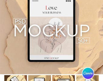 Pacote de Mockups de Dispositivos para Canva e Photoshop, incluindo iPhone, MacBook, iPad, Laptop e Tablet. Modelo fácil de usar com recurso "arrastar e soltar" e tutorial.