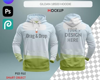 Maqueta editable de sudadera con capucha, plantilla PSD de objeto inteligente de Photoshop y plantilla de arrastrar y soltar de Canva, maqueta personalizable de la parte delantera y trasera de la sudadera con capucha Gildan 18500.