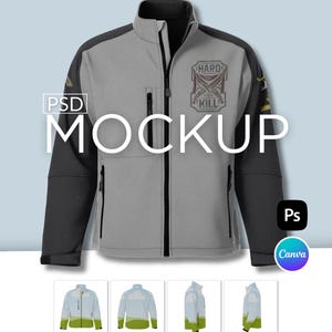 Softshell Jacket Drag and Drop Mockup, Photoshop PSD + Canva Template Bundle, AOP Design Front and Back Mock + Tutorial