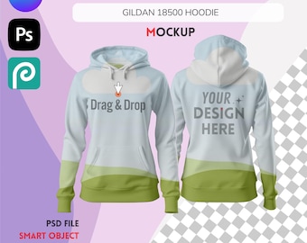 Canva and PSD Template Editable Front and Back Hoodie Mockup, Gildan 18500 Easy Use Canva Drag and Drop, PSD Smart Object Mockup Template