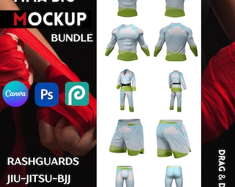 Mockup Bundle - BJJ MMA Rashguard Templates, Canva Drag and Drop + Editable Photoshop PSD Pack, Front and Back view 12 Mockups + Tutorial