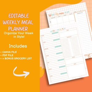 Planificador de comidas semanal editable, programa de comidas semanal, lista de compras, planificador semanal de comidas vegetarianas, plan de comidas semanal para la familia, planificador de alimentos