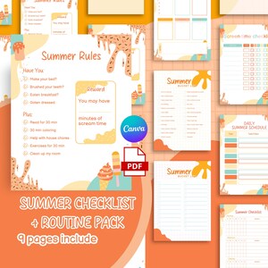 Editable summer routine checklist, summer bucket list printable, screen time rules, summer schedule template for kids, chore chart bundle