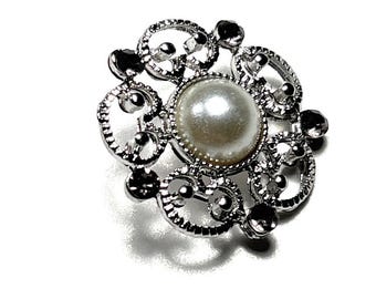 Faux Pearl and Amethyst Rhinestones Silver Metal Shank Button