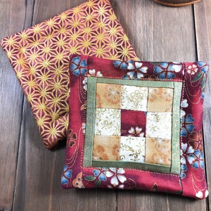 Mini Quilt Coaster 9-Patch Mauve Gold Oriental Mug Rug 4 x 4 Set of 2 Cotton Fabric Patchwork Washable Reversible Hot or Cold Drinks Gift image 2