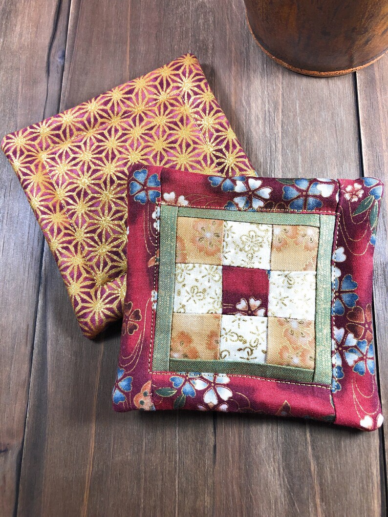 Mini Quilt Coaster 9-Patch Mauve Gold Oriental Mug Rug 4 x 4 Set of 2 Cotton Fabric Patchwork Washable Reversible Hot or Cold Drinks Gift image 2