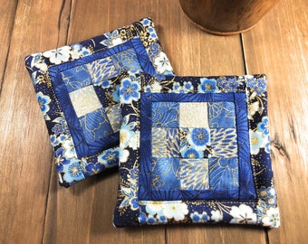 9-Patch Blue Gold Oriental Coaster Mug Rug 4" x 4" Set of 2 Cotton Fabric Patchwork Washable Reversible Hot or Cold Drinks Gift