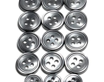 Shirt Buttons Set of 15 Glossy Gray 4-hole 2 Sizes
