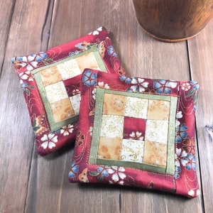 Mini Quilt Coaster 9-Patch Mauve Gold Oriental Mug Rug 4 x 4 Set of 2 Cotton Fabric Patchwork Washable Reversible Hot or Cold Drinks Gift image 1
