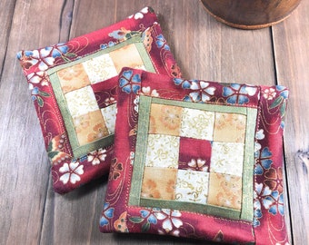 Mini Quilt Coaster 9-Patch Mauve Gold Oriental Mug Rug 4" x 4" Set of 2 Cotton Fabric Patchwork Washable Reversible Hot or Cold Drinks Gift