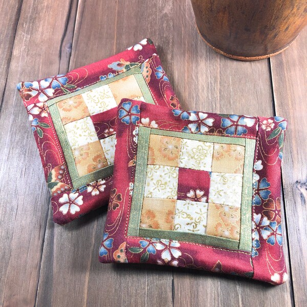 Mini Quilt Coaster 9-Patch Mauve Gold Oriental Mug Rug 4" x 4" Set of 2 Cotton Fabric Patchwork Washable Reversible Hot or Cold Drinks Gift