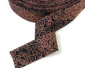 Quilt Binding Black Brown Metallic Gold Swirl 1.25&quot; Wide Bias Cotton Single Center Fold 6 Yards (216&quot;) Pre-made, In Stock & Ready to Ship