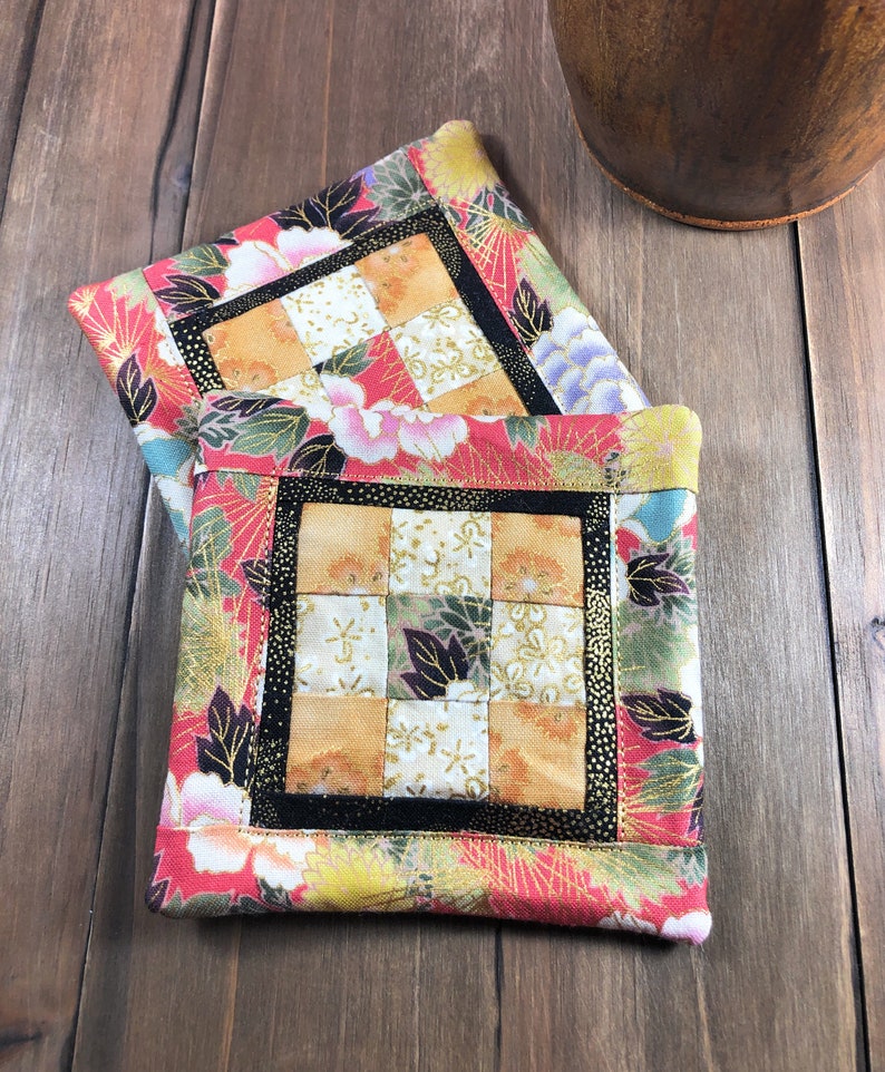Mini Quilt Pink Oriental Floral Coaster 4 x 4 Set of 2 Cotton Fabric Patchwork Washable Reversible Hot or Cold Drinks Gift image 1