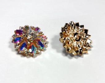 Rhinestones on Gold Colored Metal Shank Button 1 Inch Set of 2