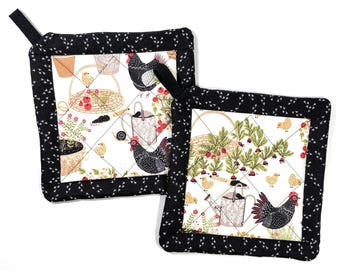 Garden Chickens Handmade Potholders Cotton Set of 2