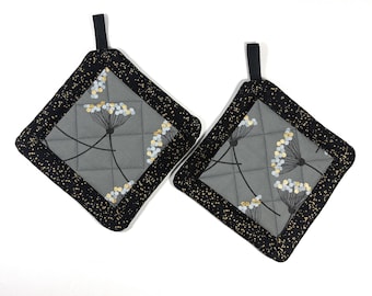 Modern Gray, Black & Gold Handmade Potholders Cotton Set of 2