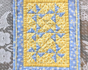 Blue and Yellow Pinwheel Patchwork Mini Quilt Wall Hanging Table Topper Cotton 9.5" x 12.25" Hand Quilted Candle Mat Doll Quilt