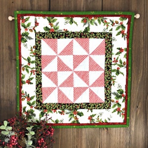 Christmas Quilted Wall Hanging Pinwheel Patchwork 12.5 x 12.5 with Rod Cotton 12.5 x 12.5 Casual Table Decor Candle Mat image 1