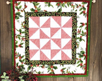 Christmas Quilted Wall Hanging Pinwheel Patchwork 12.5" x 12.5" with Rod Cotton 12.5" x 12.5" Casual Table Decor Candle Mat