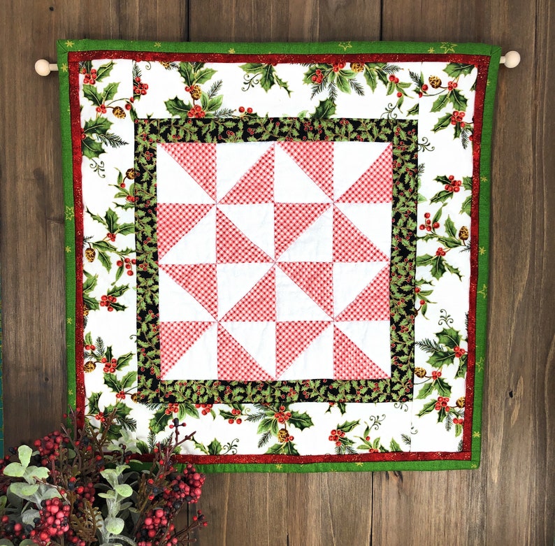 Christmas Quilted Wall Hanging Pinwheel Patchwork 12.5 x 12.5 with Rod Cotton 12.5 x 12.5 Casual Table Decor Candle Mat image 1