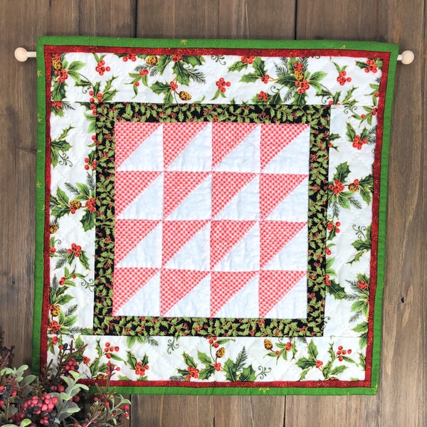 Holiday Quilted Patchwork Triangles Wall Hanging Table Topper Cotton 12.5" x 12.5" Hand Quilted Casual Table Decor Candle Mat Mini Quilt