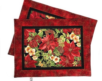 Christmas Quilted Placemats with Poinsettias Holly Roses Reversible Set of 2 Holiday Table Decor Ready to Ship Washable Cotton