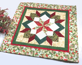 Quilted Table Topper Quilt Carpenter's Star Pattern Red Green White 18" x 18" One of a Kind Ready to Ship